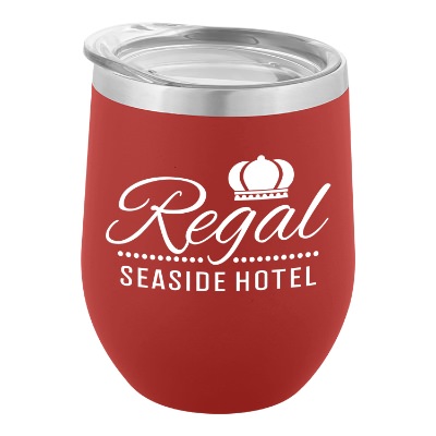 Matte red wine tumbler with custom logo.