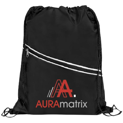 Polyester orange and black drawstring bag with full-color logo and front zippered pockets.