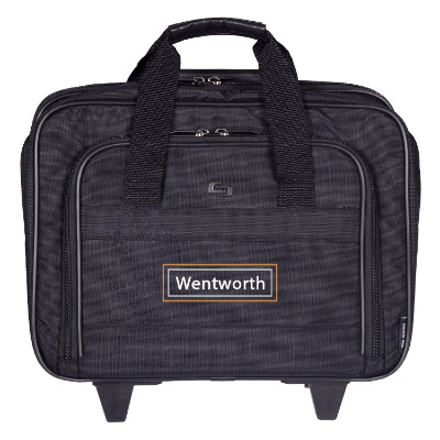 Black luggage with custom full color logo.