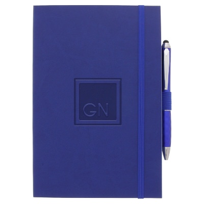 Blue color edge journal with metallic stylus pen and personalized debossed logo.
