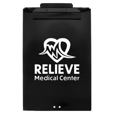 Black aluminum clipboard with a personalized logo.