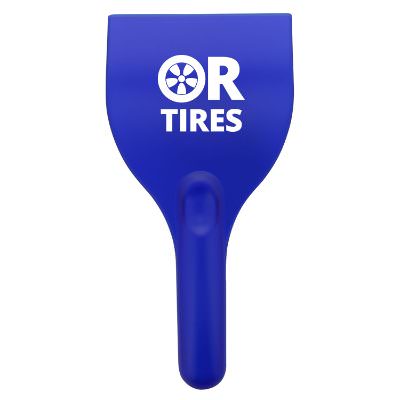 Blue plastic wide window ice scraper with personalized brand logo.