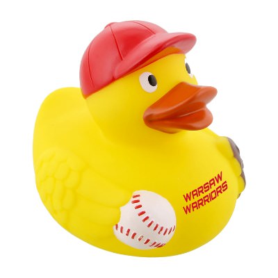 Plastic yellow rubber duck with a personalized logo.