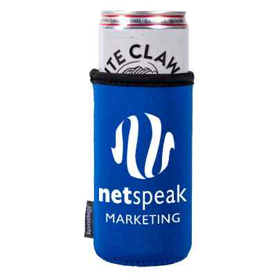 Foam blue slim can cooler with custom imprint.