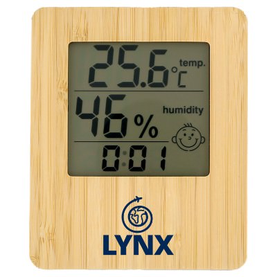 Wooden indoor weather station for desk with one color imprint.