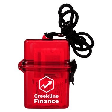 Plastic red first aid kit with a personalized imprint.