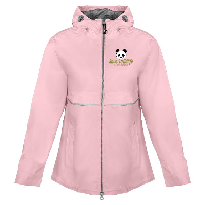 Personalized pink with reflective rain jacket with full color logo.