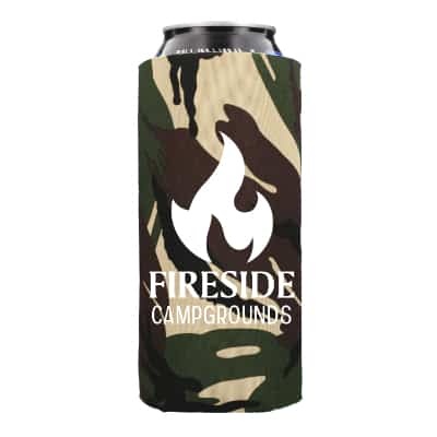 Foam true life camo tall boy can cooler with custom promotional imprint.