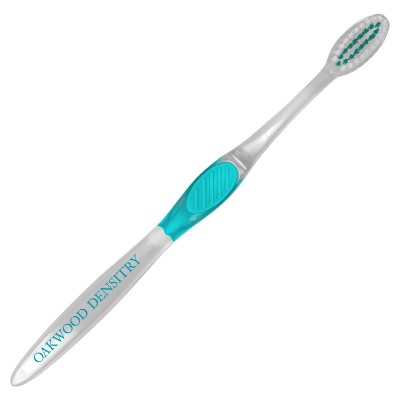 Blue plastic toothbrush with a personalized imprint.