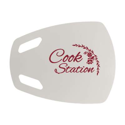 Translucent frost flex-n-scoop cutting board with personalized logo.
