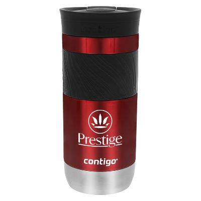 Red tumbler with custom logo.