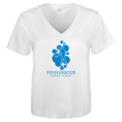 White v neck tee with custom logo.