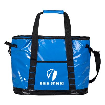 Blue tarpaulin cooler with a personalized logo.