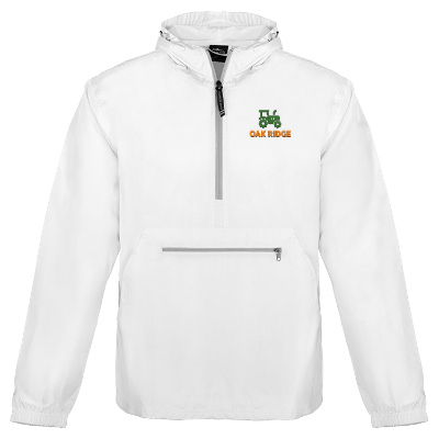 Personalized white pullover with embroidered logo.