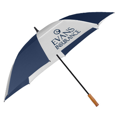 Personalized navy and white recycled golf umbrella.