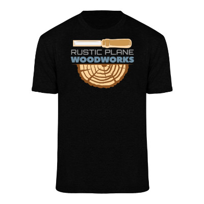 Deep black solid custom t-shirt with full color logo.