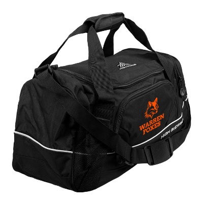 Black gym bag with white stripe and custom orange imprint.