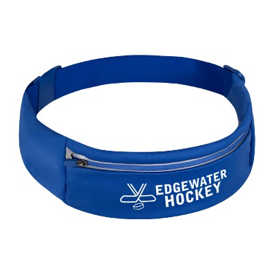 Blue sport belt with a white personalized imprint.