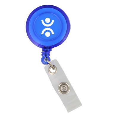 Round white badge holder with custom one-color promotional imprint.