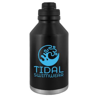 Black stainless growler with custom imprint.