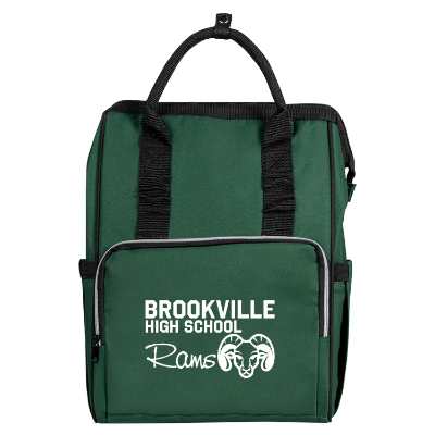 Green backpack cooler with custom logo.