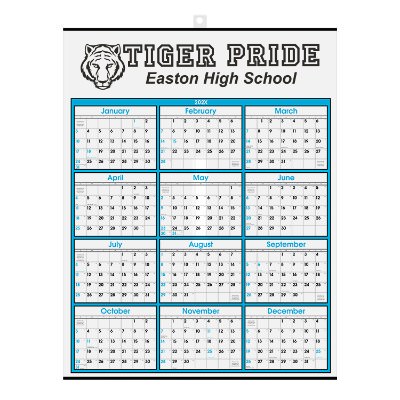 Blue year at a glance calendar with custom logo.