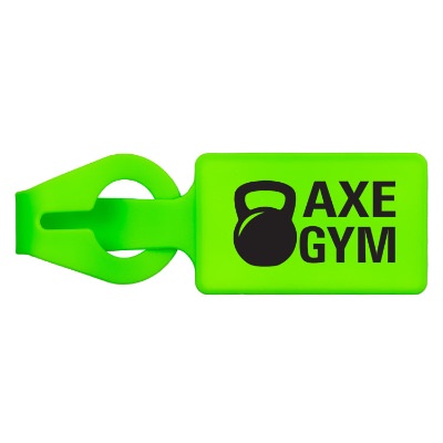 Green rectangular luggage tag with personalized logo.