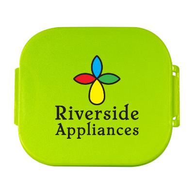 Plastic lime green phone stand with a custom logo.
