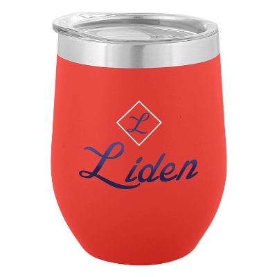 Red wine tumbler with custom full color imprint.