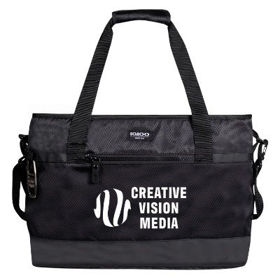 Black cooler with custom logo.