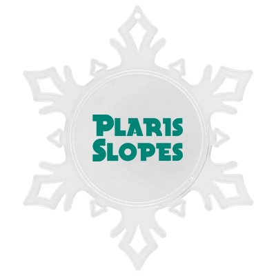 Clear plastic ornament with a branded logo