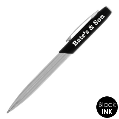 Matte upper barrel and shiny chrome lower barrel pen with custom logo.
