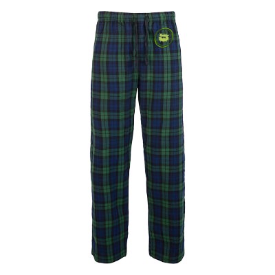 Custom embroidered logo on forest green with team navy black watch plaid flannel pant.