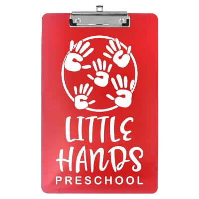 Red polystyrene clipboard with a personalized logo.