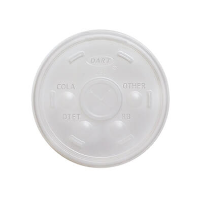 Translucent plastic lid with straw slot.