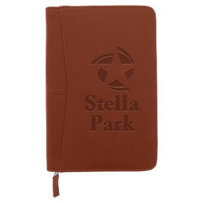 Brown pedova junior zippered padfolio with a custom debossed logo.