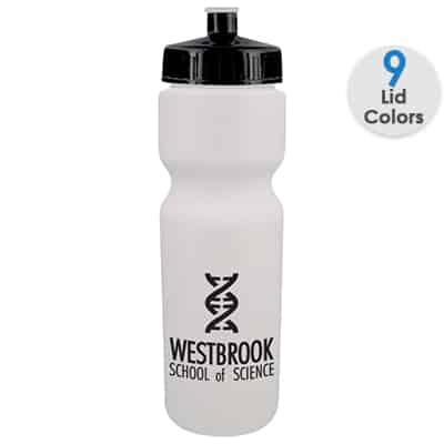 Plastic white water bottle with custom logo and push pull lid in 28 ounces.