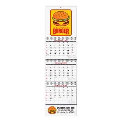 Three months at a glance paper wall calendar with personalized full color imprint.