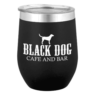 Black wine tumbler with custom logo.