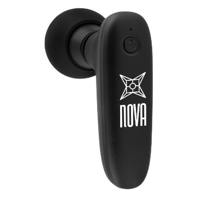 Black plastic massage gun with a personalized logo.