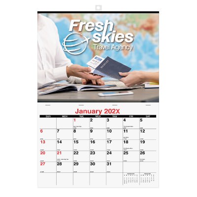 Twelve month custom single image wall calendar with custom full color imprint.
