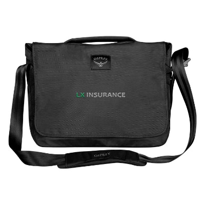 Embroidered personalized black messenger bag with handle.