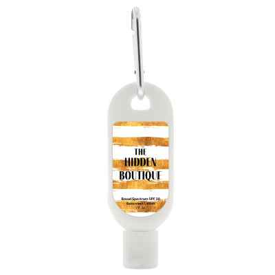 Plastic white sunscreen with a customized imprint.