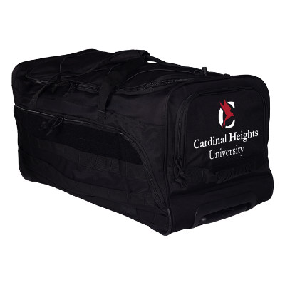 Black rolling duffel bag with custom full color logo.
