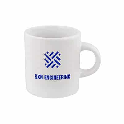 Ceramic white espresso mug with c-handle and custom branding in 3 ounces.
