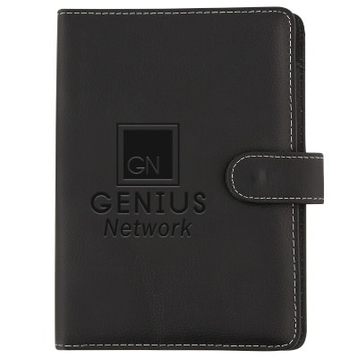 PVC leather black small grain padfolio debossed.