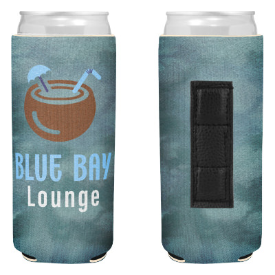 Patterend slim can cooler with custom full color imprint.