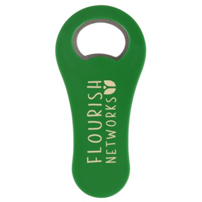 Plastic green magnetic metal bottle opener custom printed.