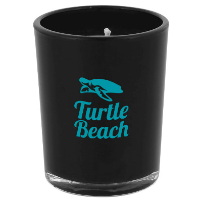 Black glass candle with a custom imprint.