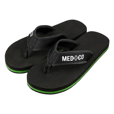 Green and black flip flops with black strap and custom logo.